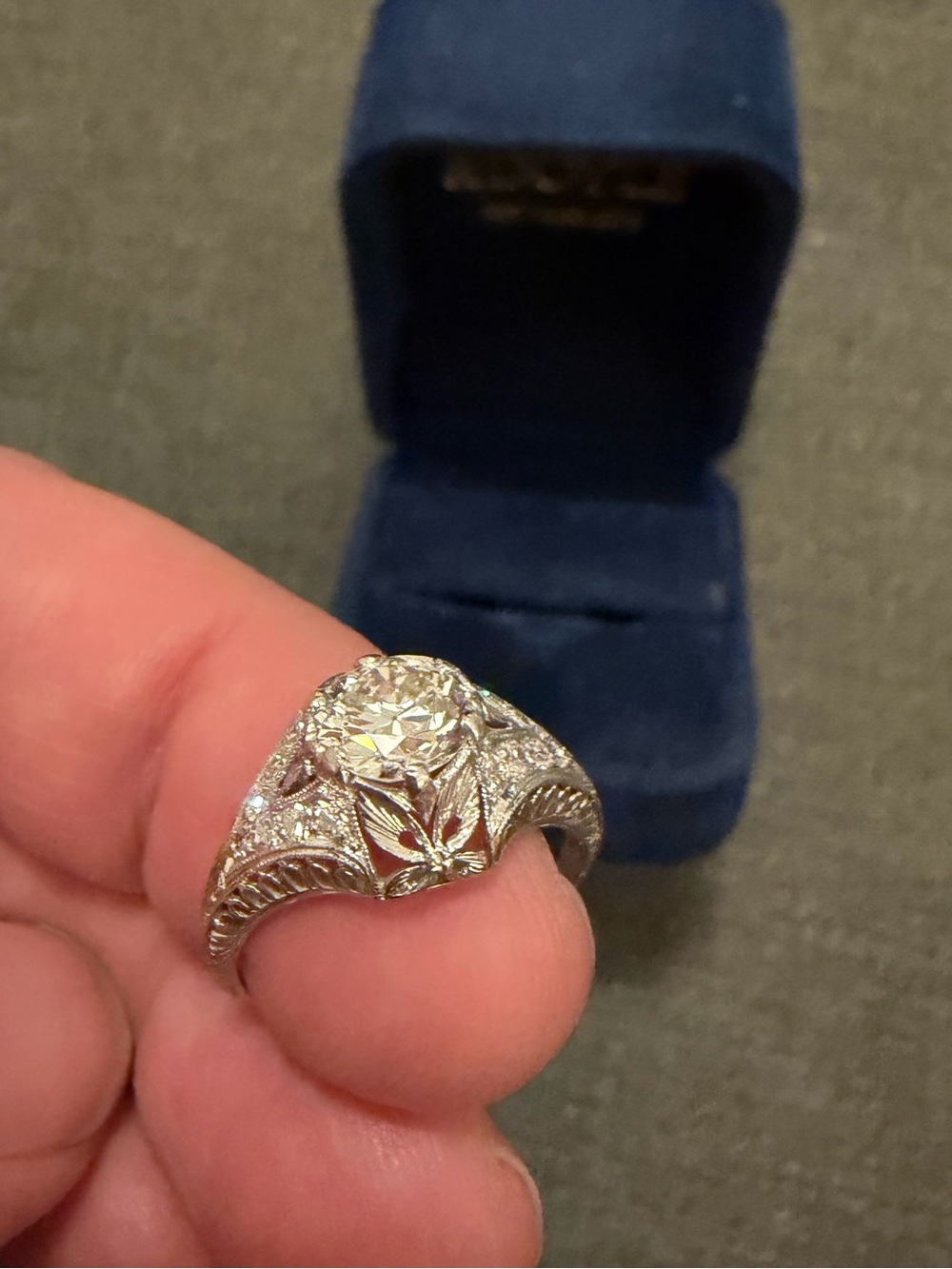 Vintage Edwardian Old Mine Cut Diamond & Platinum Engagement Ring- 1.04ct